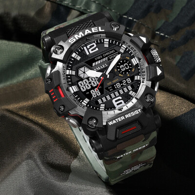 SMAEL Sportski elektronski ručni sat s dvostrukim pokretom i dvostrukim zaslonom, muški kamuflažni vodootporni kvarcni digitalni sat, muška štoperica