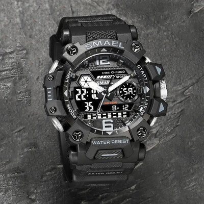 SMAEL Sportski elektronski ručni sat s dvostrukim pokretom i dvostrukim zaslonom, muški kamuflažni vodootporni kvarcni digitalni sat, muška štoperica