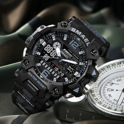 SMAEL Sportski elektronski ručni sat s dvostrukim pokretom i dvostrukim zaslonom, muški kamuflažni vodootporni kvarcni digitalni sat, muška štoperica