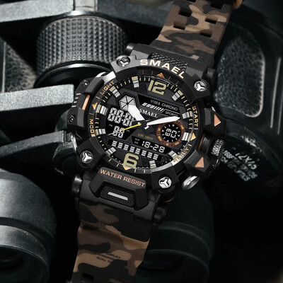 SMAEL Sportski elektronski ručni sat s dvostrukim pokretom i dvostrukim zaslonom, muški kamuflažni vodootporni kvarcni digitalni sat, muška štoperica