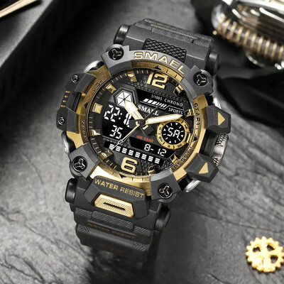 SMAEL Sportski elektronski ručni sat s dvostrukim pokretom i dvostrukim zaslonom, muški kamuflažni vodootporni kvarcni digitalni sat, muška štoperica