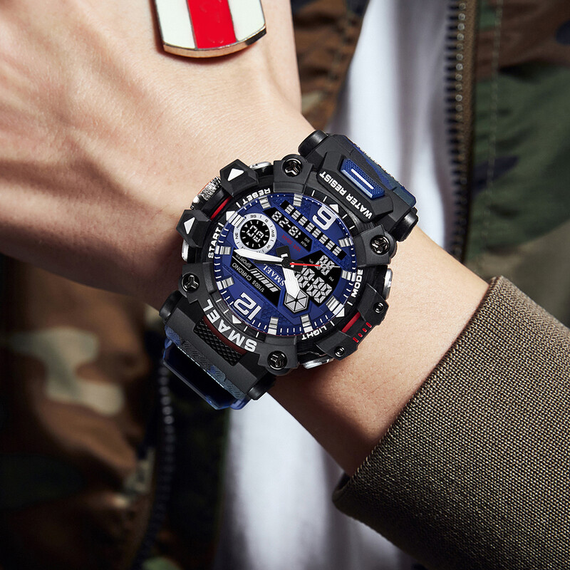 SMAEL Sportski elektronski ručni sat s dvostrukim pokretom i dvostrukim zaslonom, muški kamuflažni vodootporni kvarcni digitalni sat, muška štoperica