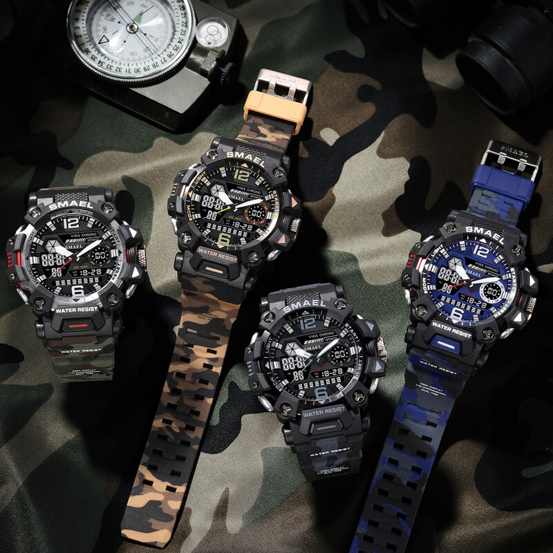 SMAEL Sportski elektronski ručni sat s dvostrukim pokretom i dvostrukim zaslonom, muški kamuflažni vodootporni kvarcni digitalni sat, muška štoperica