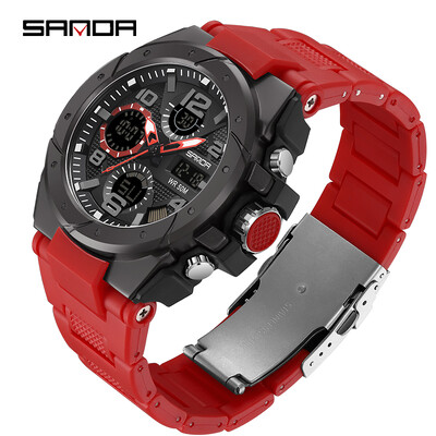 SANDA Ceasuri Sport Bărbați Ceasuri de mână cu cuarț, cu afișaj dublu, digital, analogic, cu LED, impermeabil, pentru înot, ceas militar 9009