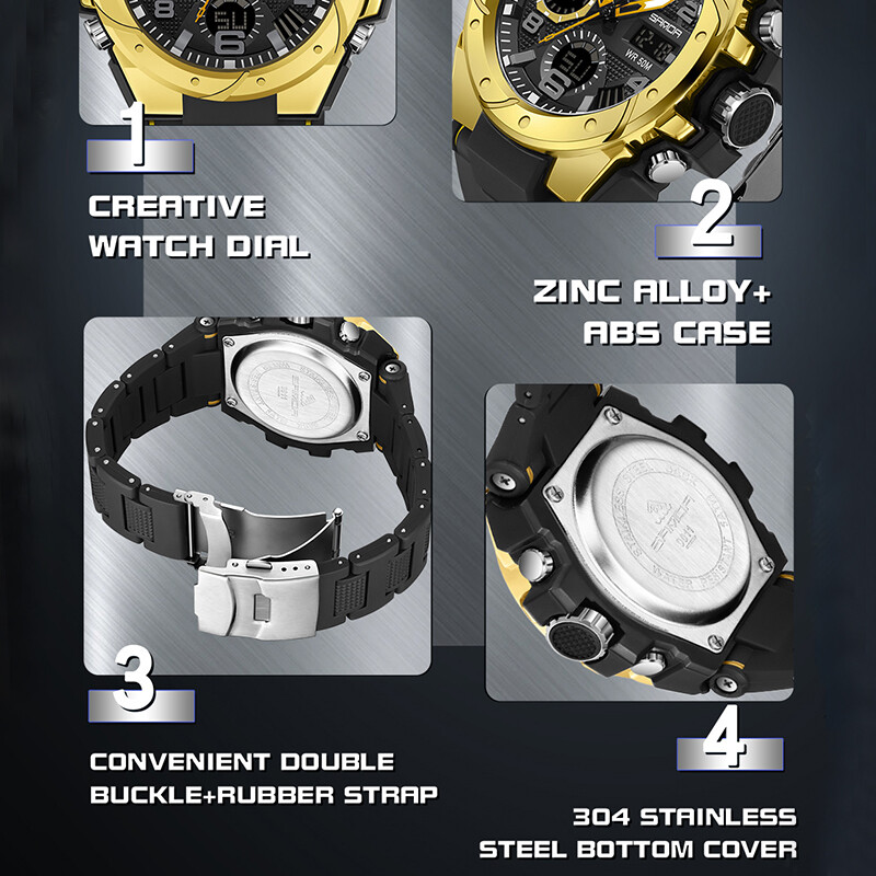 SANDA Ceasuri Sport Bărbați Ceasuri de mână cu cuarț, cu afișaj dublu, digital, analogic, cu LED, impermeabil, pentru înot, ceas militar 9009