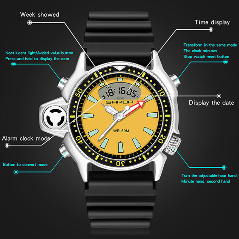 SANDA Kreativni muški sat Vojni Sportski na otvorenom Vodootporni LED digitalni kvarcni dvostruki ručni sat Muški elektronički sat