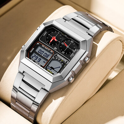 LIGE Fashion Ceasuri de bărbați cu afișare dublă Business Square Inoxidabil Casual Sport Cuarț Ceas electronic pentru bărbați Data Ceas rezistent la apă