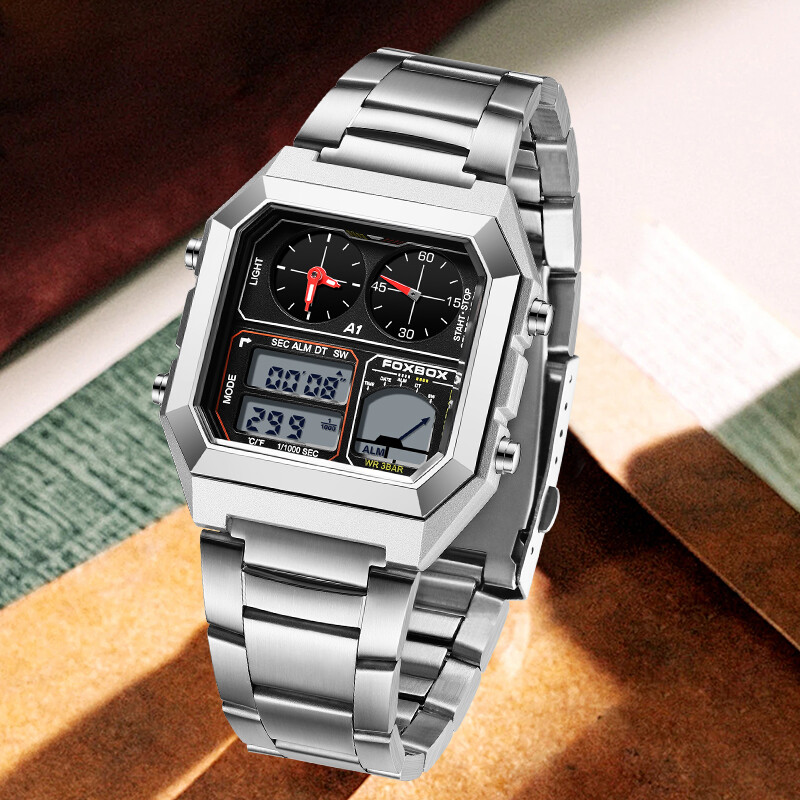 LIGE Fashion Ceasuri de bărbați cu afișare dublă Business Square Inoxidabil Casual Sport Cuarț Ceas electronic pentru bărbați Data Ceas rezistent la apă
