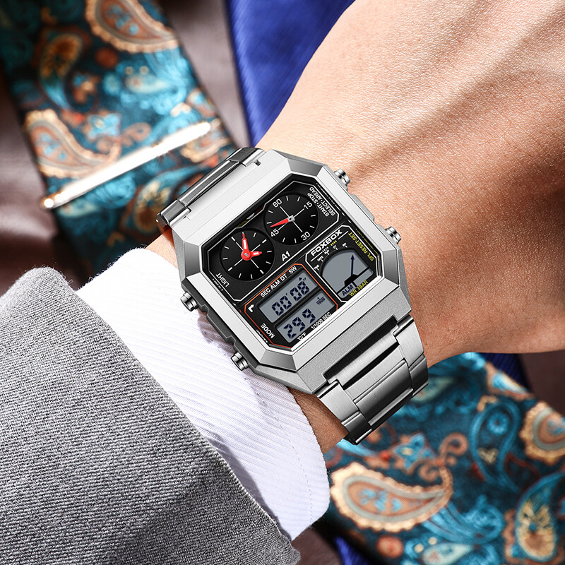 LIGE Fashion Ceasuri de bărbați cu afișare dublă Business Square Inoxidabil Casual Sport Cuarț Ceas electronic pentru bărbați Data Ceas rezistent la apă