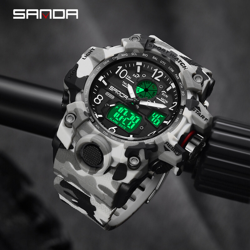 SANDA Sports Military ανδρικό ρολόι καμουφλάζ LED Ψηφιακό ρολόι εξωτερικού χώρου Ηλεκτρονικό ανδρικό ρολόι χειρός Dual display Quartz Ανδρικό ρολόι