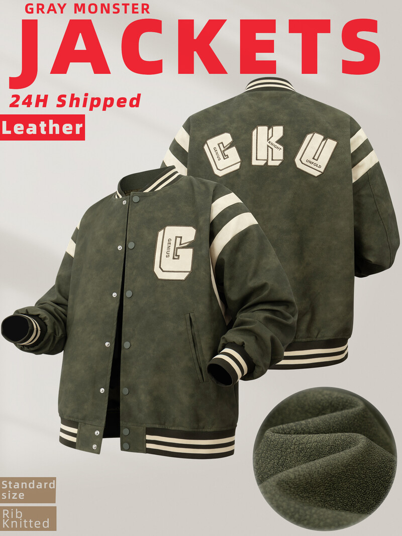 Muška bomber jakna od umjetne kože Slovo "G" Sveučilišna jakna Zelena vintage grafička bejzbol kaputi Muške kožne vanjske jakne