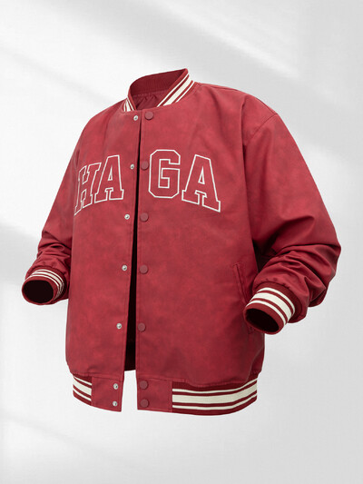 Jachetă de varsity din piele artificială pentru bărbați, roșu, vintage, pentru motociclete de curse, cu broderie grafică, jachete bomber Streetwear pentru toamnă și iarnă