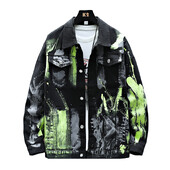 Jachetă de blugi vopsită pentru bărbați, cu mânecă lungă, din bumbac, cu model de culoare neon, îmbrăcăminte exterioară, negru, alb