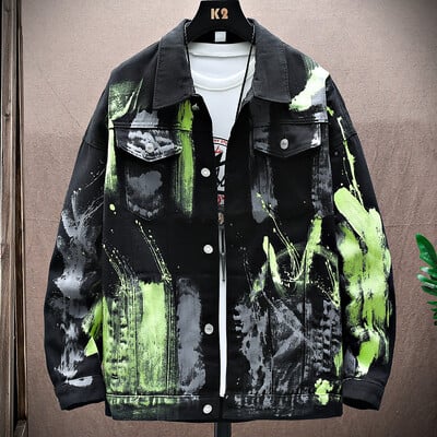 Jachetă de blugi vopsită pentru bărbați, cu mânecă lungă, din bumbac, cu model de culoare neon, îmbrăcăminte exterioară, negru, alb