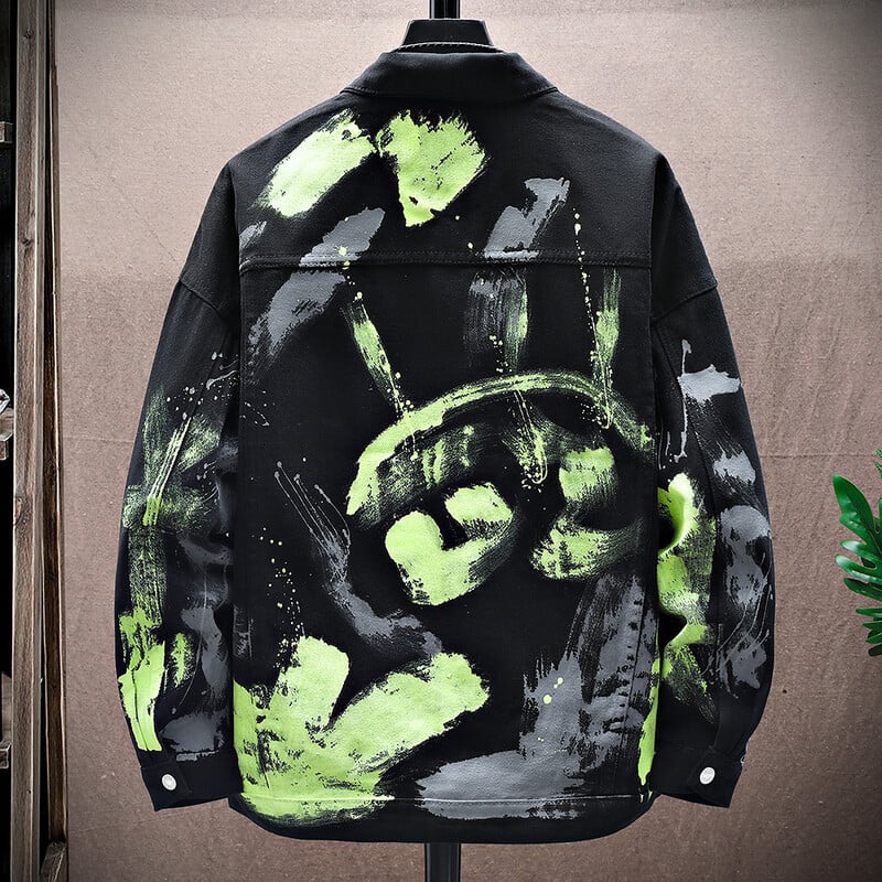 Jachetă de blugi vopsită pentru bărbați, cu mânecă lungă, din bumbac, cu model de culoare neon, îmbrăcăminte exterioară, negru, alb