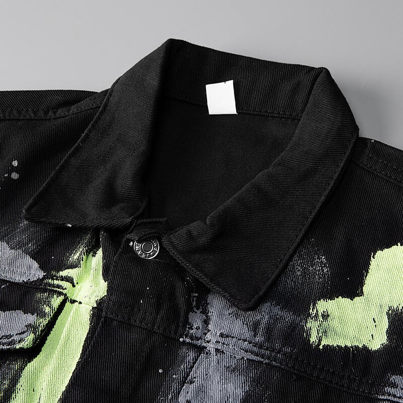 Jachetă de blugi vopsită pentru bărbați, cu mânecă lungă, din bumbac, cu model de culoare neon, îmbrăcăminte exterioară, negru, alb