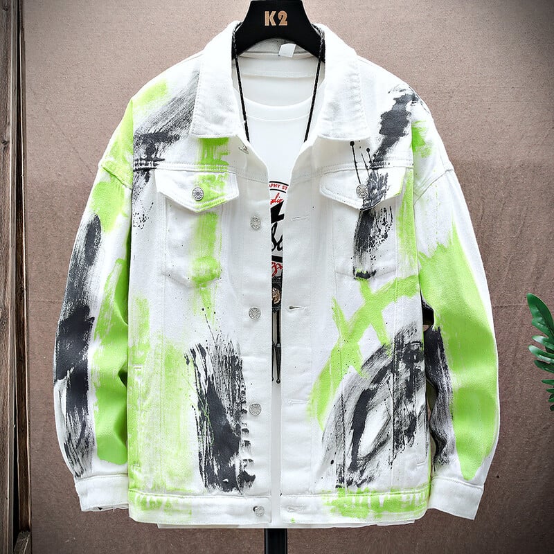 Jachetă de blugi vopsită pentru bărbați, cu mânecă lungă, din bumbac, cu model de culoare neon, îmbrăcăminte exterioară, negru, alb