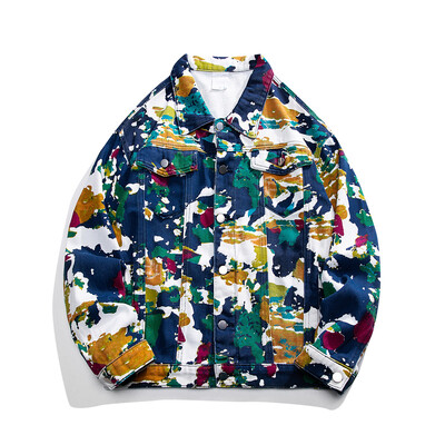 Jachetă de blugi pentru bărbați, cu imprimeu de camuflaj, pentru bărbați, guler răsturnat, cu rever, haină cargo, buzunare, îmbrăcăminte exterioară