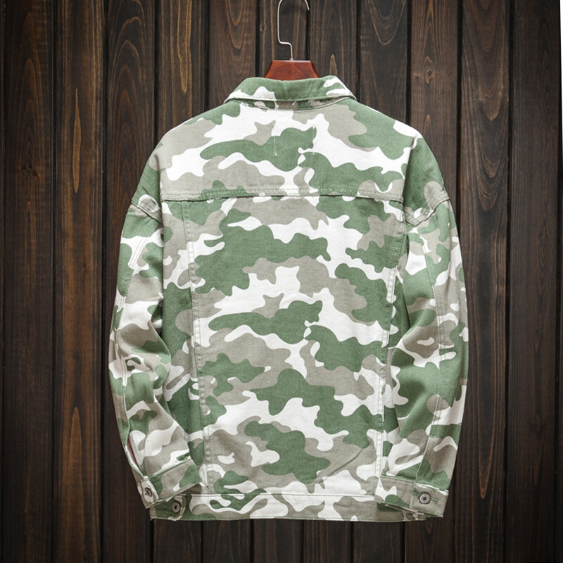 Muška kamuflažna traper jakna s printom Ležerni kaput vojnozelenocrvena