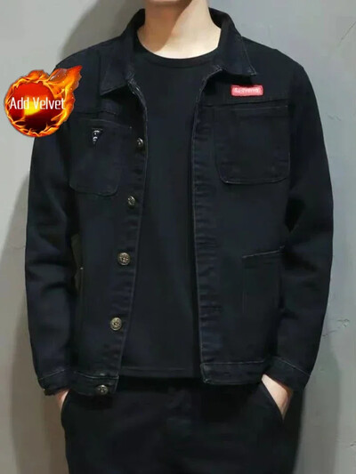 Ανδρικά τζιν παλτό με βάτες προβάτου Ανδρικό τζιν μπουφάν με φαρδιά μανίκια Μαύρα βαμμένα μαλλί Ζεστά χειμωνιάτικα εξωτερικά ενδύματα αισθητική ένδυση G