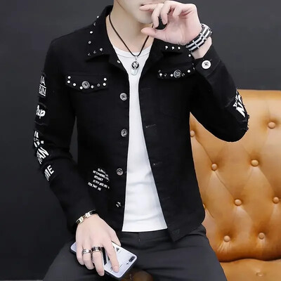 Мъжко дънково яке с нитове Бяло прилепнало мъжко дънково палто Punk on Board Корейски популярни дрехи Зимно връхно облекло G Fashion Original