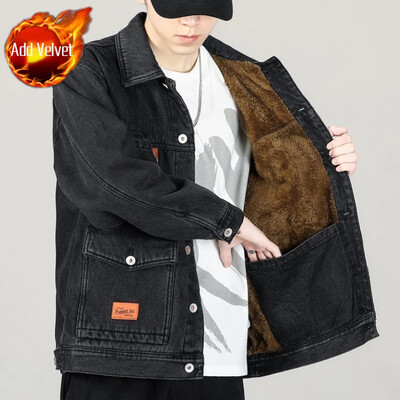 Muški jean kaputi Plava podstavljena muška traper jakna širokih ramena s podstavom od ovčje vune Topla po najnižoj cijeni Vintage veleprodaja