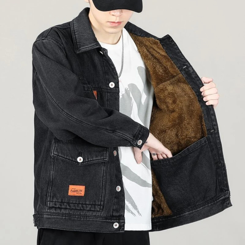 Muški jean kaputi Plava podstavljena muška traper jakna širokih ramena s podstavom od ovčje vune Topla po najnižoj cijeni Vintage veleprodaja