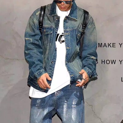 Američka vintage nošena traper jakna za mušku odjeću Japanska ulična jean jakna Visokokvalitetni Harajuku ležerni kaput Muški