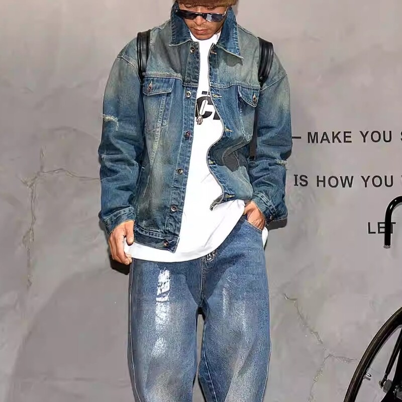 Američka vintage nošena traper jakna za mušku odjeću Japanska ulična jean jakna Visokokvalitetni Harajuku ležerni kaput Muški