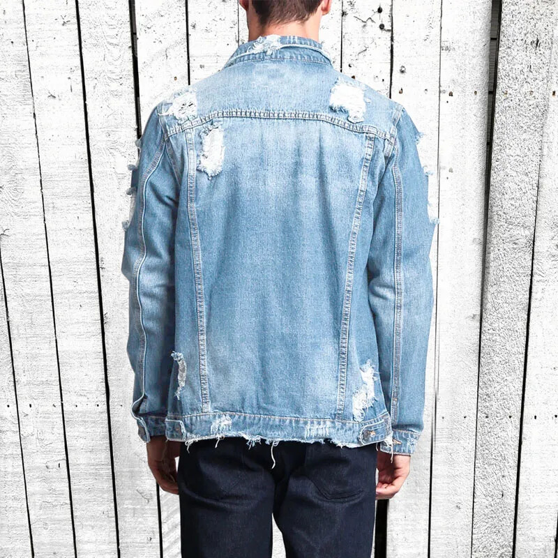 Ulična moda Poderana traper jakna Muška klasična vintage traper jakna Jesen i zima Nošena poderana traper jakna Hip-hop Skateboarding