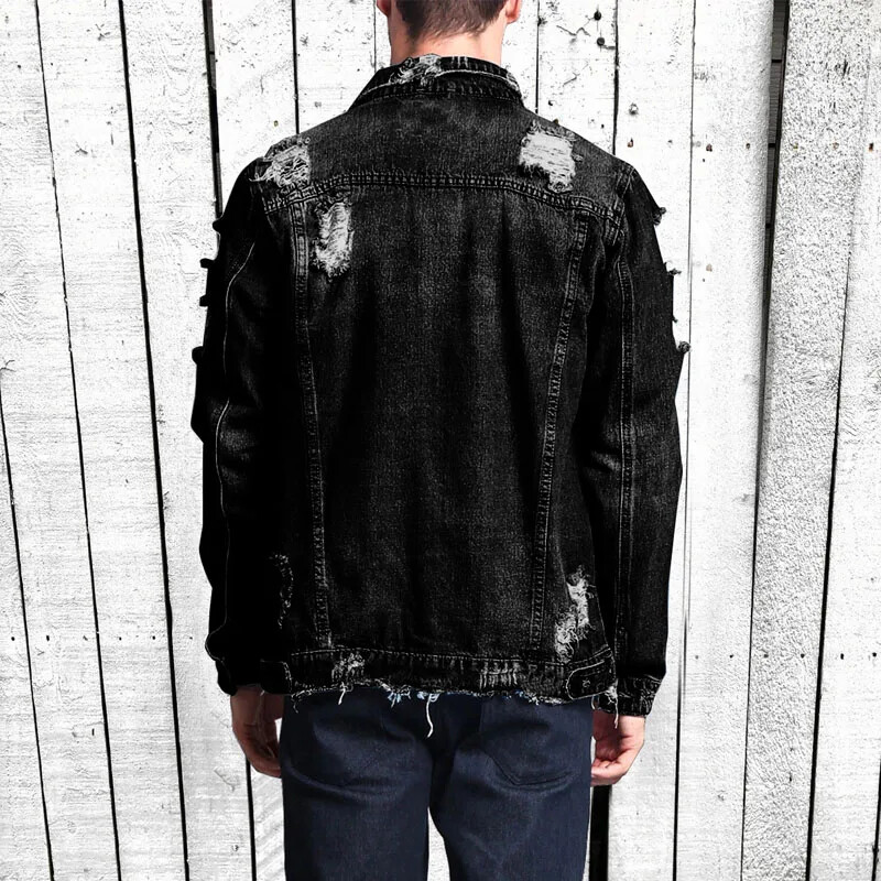 Ulična moda Poderana traper jakna Muška klasična vintage traper jakna Jesen i zima Nošena poderana traper jakna Hip-hop Skateboarding