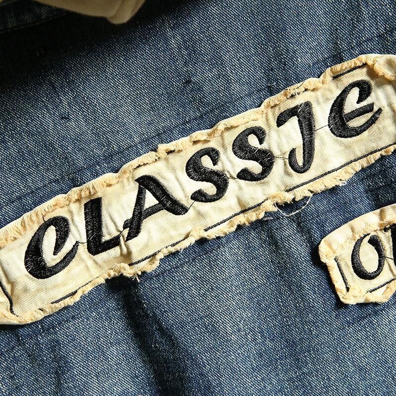 Meeste teksajaki plaaster Vintage sinine meeste teksamantlid, mis on lõhki pestud auguga, madala hinnaga kangast talveülerõivad, suurus L Y2k G