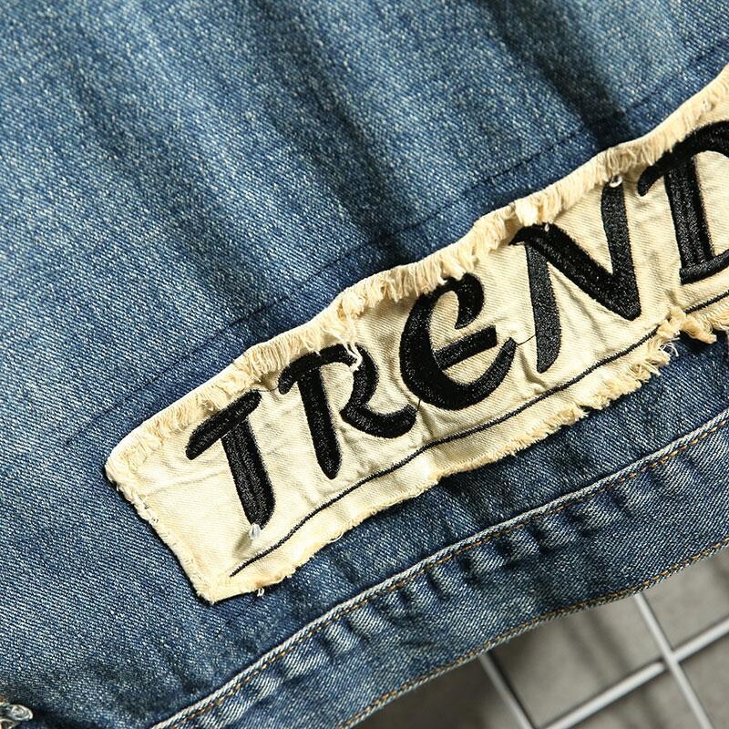 Meeste teksajaki plaaster Vintage sinine meeste teksamantlid, mis on lõhki pestud auguga, madala hinnaga kangast talveülerõivad, suurus L Y2k G