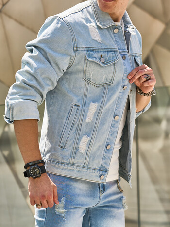 Ripped Distressed Stylish Ανδρικό Slim Jacket Jacket High Street Ανδρικό βαμβακερό casual τζιν μπουφάν για ανδρικά ρούχα