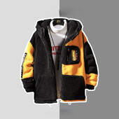 Talvine paks lambavillane mantel lapikujuline disain meeste kapuutsiga jope kolledži stiilis soe jakk plush paksendatud lukuga mantel Parka