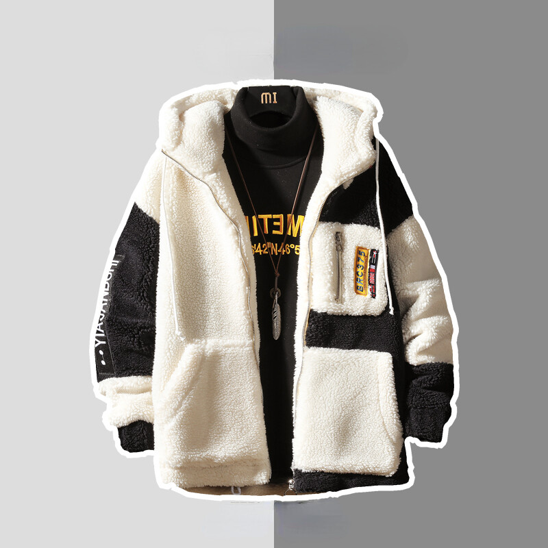 Talvine paks lambavillane mantel lapikujuline disain meeste kapuutsiga jope kolledži stiilis soe jakk plush paksendatud lukuga mantel Parka