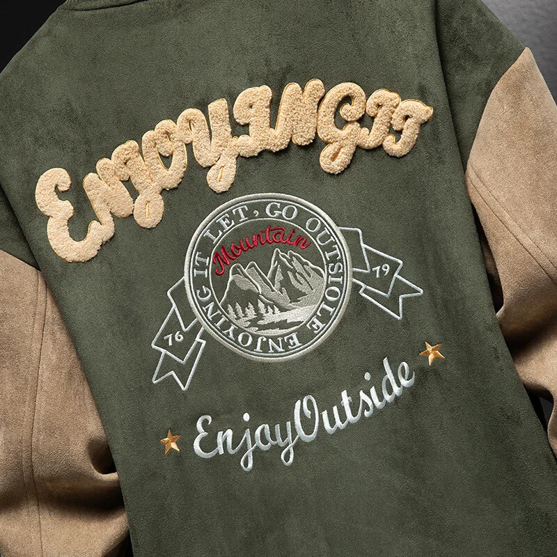 Kõrgekvaliteediline tepitud jakk, meeste saabumine seemisnahast sametne jakk Disain Sensibility Värviplokk Lahti istuv pesapallivorm