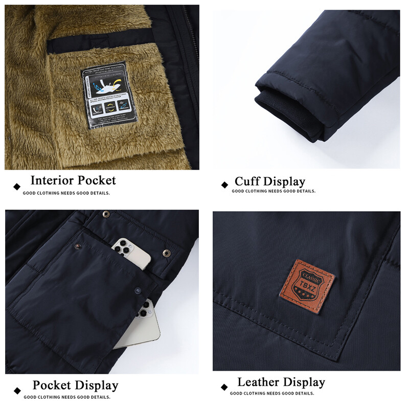 2024 Jachetă de iarnă pentru bărbați, rezistentă la vânt, de pluș, groasă, menține căldura, jachetă clasică pentru bărbați, pentru bărbați, cu glugă, guler de blană, pardesiu în aer liber