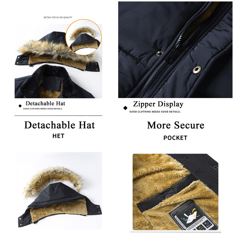 2024 Jachetă de iarnă pentru bărbați, rezistentă la vânt, de pluș, groasă, menține căldura, jachetă clasică pentru bărbați, pentru bărbați, cu glugă, guler de blană, pardesiu în aer liber