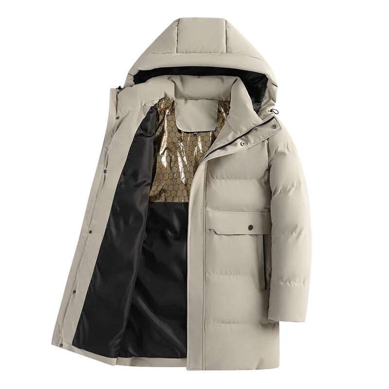 Muška pamučno podstavljena ležerna modna zadebljana duga donja jakna jesen/zima crni grafenski kaput srednje dobi s kapuljačom