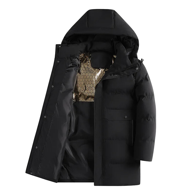 Muška pamučno podstavljena ležerna modna zadebljana duga donja jakna jesen/zima crni grafenski kaput srednje dobi s kapuljačom