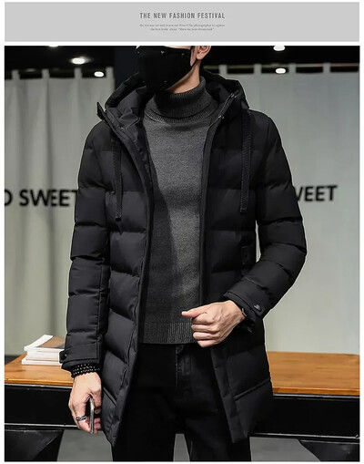 Zimska muška puhasta jakna s kapuljačom 2024. Modni dugi kaputi s kapuljačom Muški debeli, otporni na vjetar Vodootporne tople muške duge parke