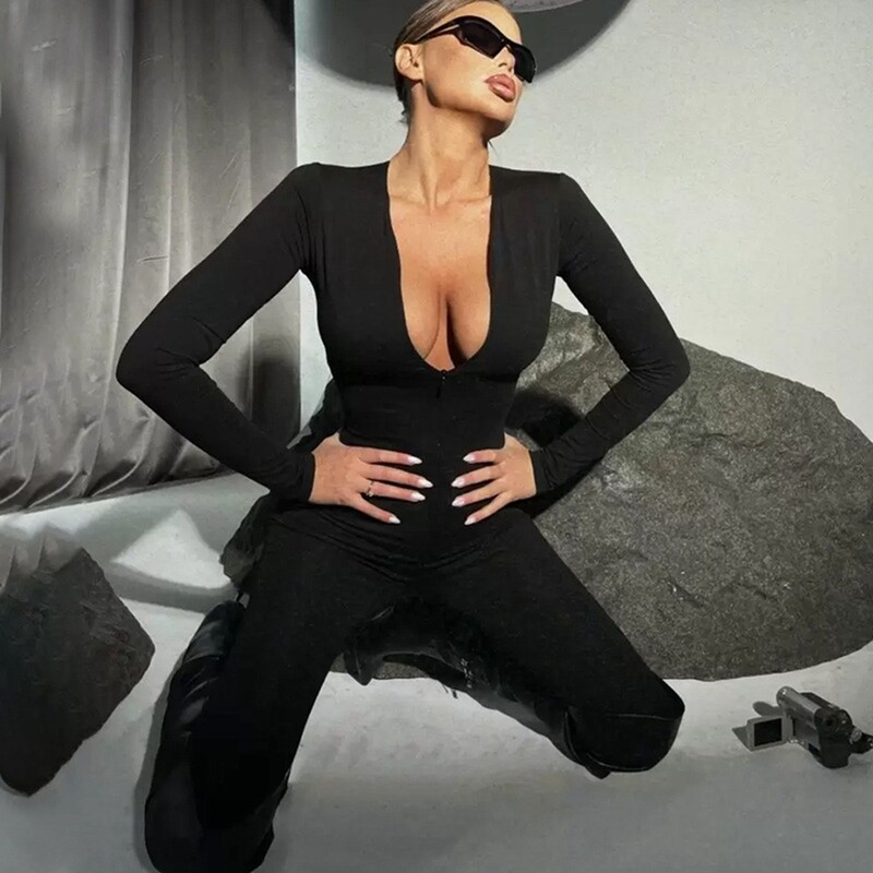 Novi jesenski uski kombinezon dugih rukava Ženski modni kombinezon s patentnim zatvaračem visokog struka koji se podiže na bokovima Hlače za fitness