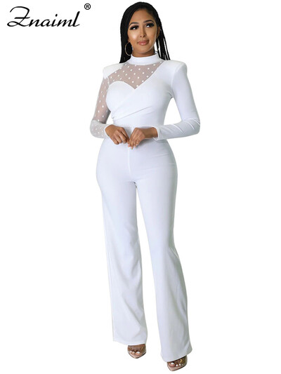 Znaiml Sexy Mesh Patchwork See Through Μακρυμάνικο ίσιο μαύρη φόρμα γυναικεία φαρδιά πόδια One Piece Rompers Γυναικεία ρούχα