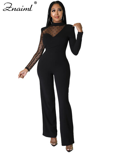 Znaiml Sexy Mesh Patchwork See Through Μακρυμάνικο ίσιο μαύρη φόρμα γυναικεία φαρδιά πόδια One Piece Rompers Γυναικεία ρούχα