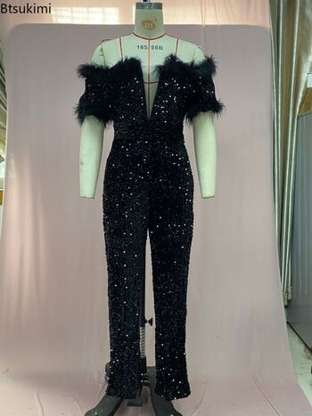 Fashion Off Shoulder Feathers Sequin Jumpsuits για γυναίκες 2024 Γυαλιστερές μαύρες κοκαλιάρικες γυναικείες ρόμπες δεξιώσεων Deep-v Sexy Party Romper