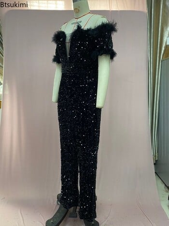 Fashion Off Shoulder Feathers Sequin Jumpsuits για γυναίκες 2024 Γυαλιστερές μαύρες κοκαλιάρικες γυναικείες ρόμπες δεξιώσεων Deep-v Sexy Party Romper