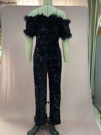 Fashion Off Shoulder Feathers Sequin Jumpsuits για γυναίκες 2024 Γυαλιστερές μαύρες κοκαλιάρικες γυναικείες ρόμπες δεξιώσεων Deep-v Sexy Party Romper