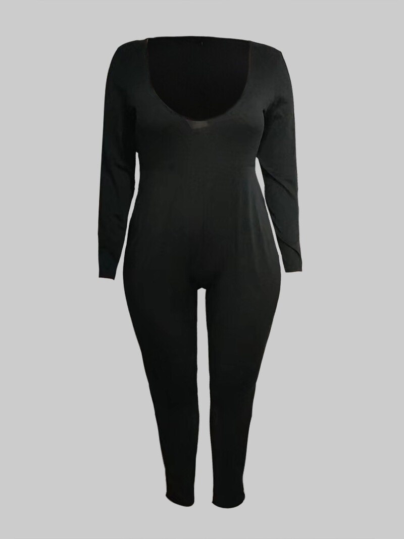 LW BASICS Veliki kombinezon s U izrezom Regular Fit Rastezljivi kombinezon crne hlače Ženski kombinezoni Elegantni kombinezoni dugih rukava