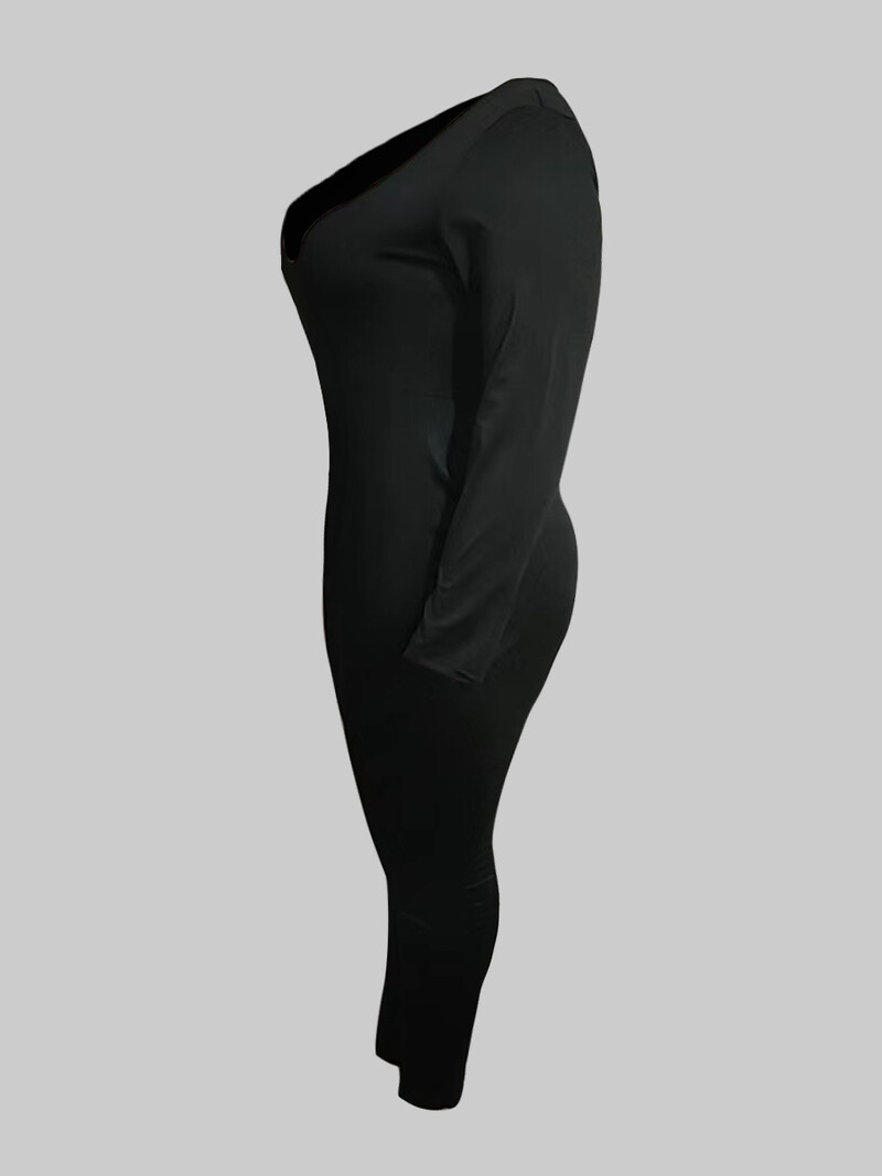 LW BASICS Veliki kombinezon s U izrezom Regular Fit Rastezljivi kombinezon crne hlače Ženski kombinezoni Elegantni kombinezoni dugih rukava